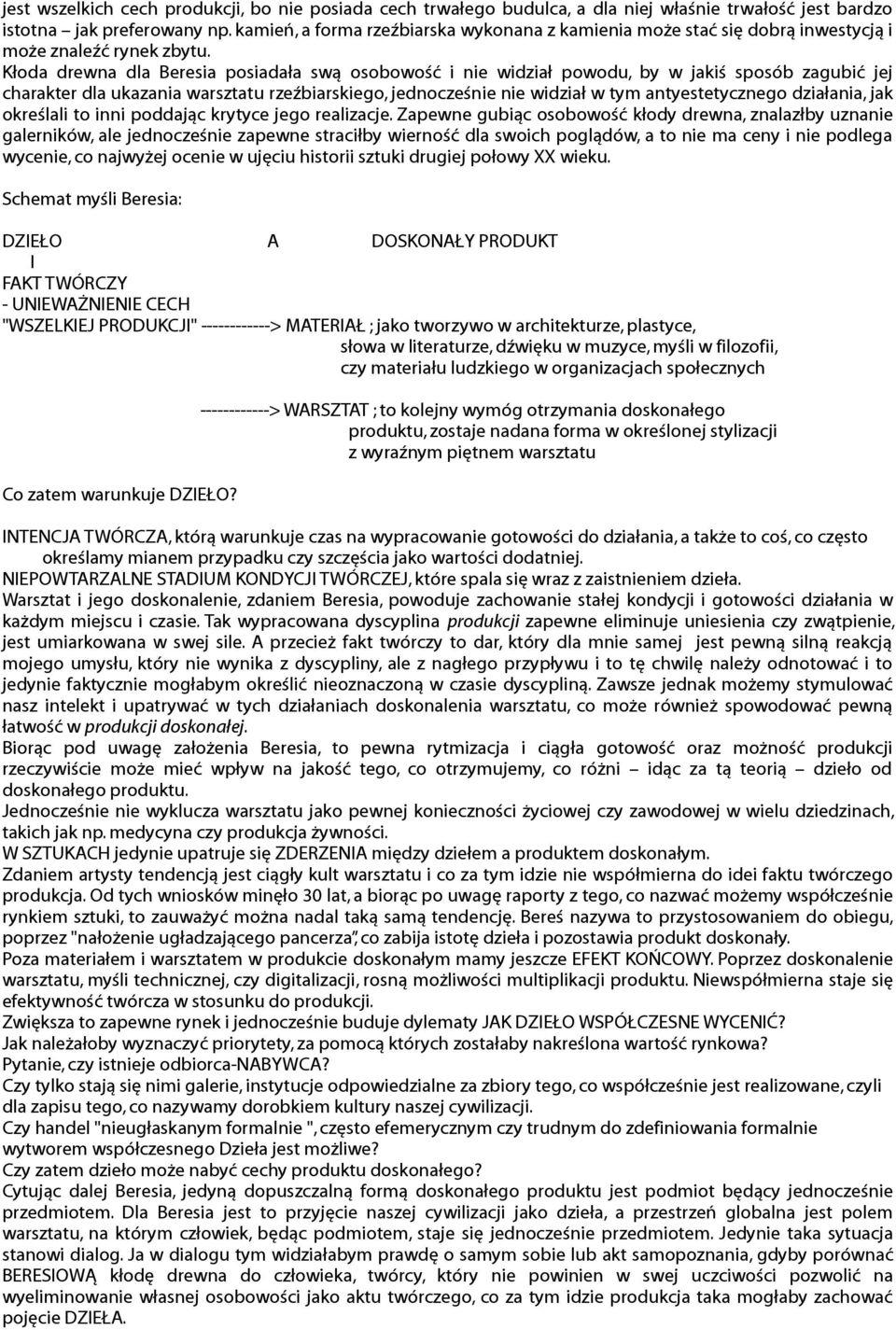 Kłoda drewna dla Beresia posiadała swą osobowość i nie widział powodu, by w jakiś sposób zagubić jej charakter dla ukazania warsztatu rzeźbiarskiego, jednocześnie nie widział w tym antyestetycznego