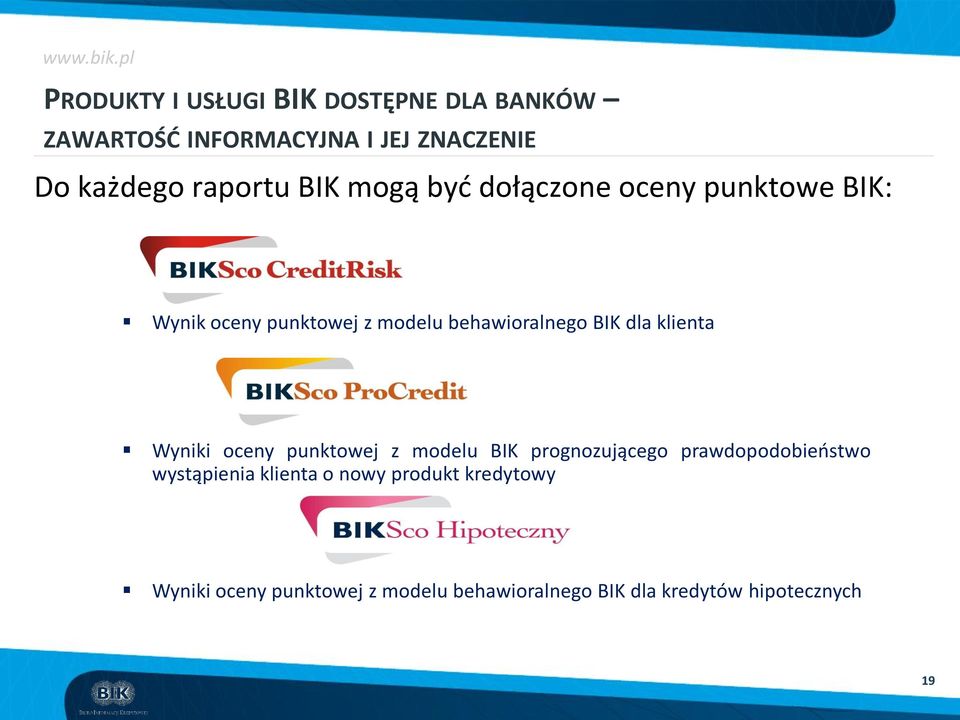 klienta Wyniki oceny punktowej z modelu BIK prognozującego prawdopodobieństwo wystąpienia klienta o