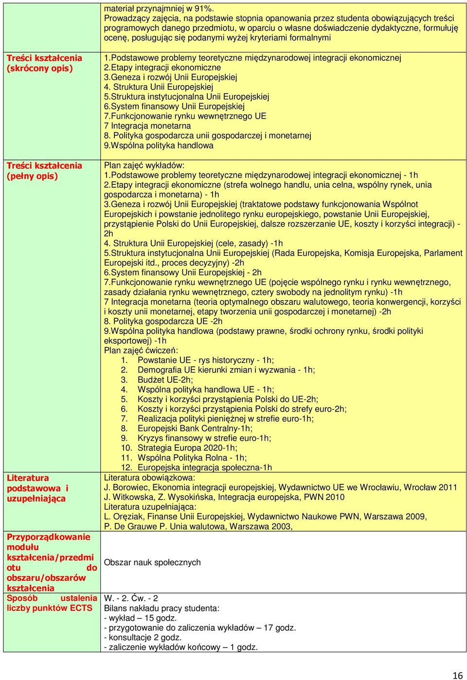 podanymi wyżej kryteriami formalnymi Treści (skrócony opis) Treści (pełny opis) Literatura podstawowa i uzupełniająca Przyporządkowanie modułu /przedmi otu do obszaru/obszarów Sposób ustalenia liczby