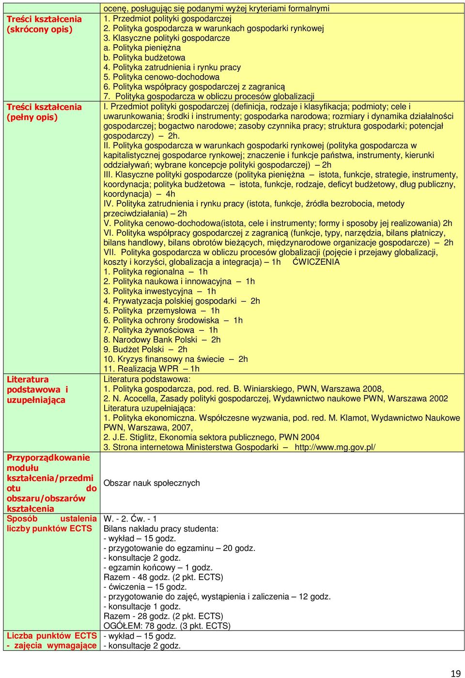 Klasyczne polityki gospodarcze a. Polityka pieniężna b. Polityka budżetowa 4. Polityka zatrudnienia i rynku pracy 5. Polityka cenowo-dochodowa 6. Polityka współpracy gospodarczej z zagranicą 7.