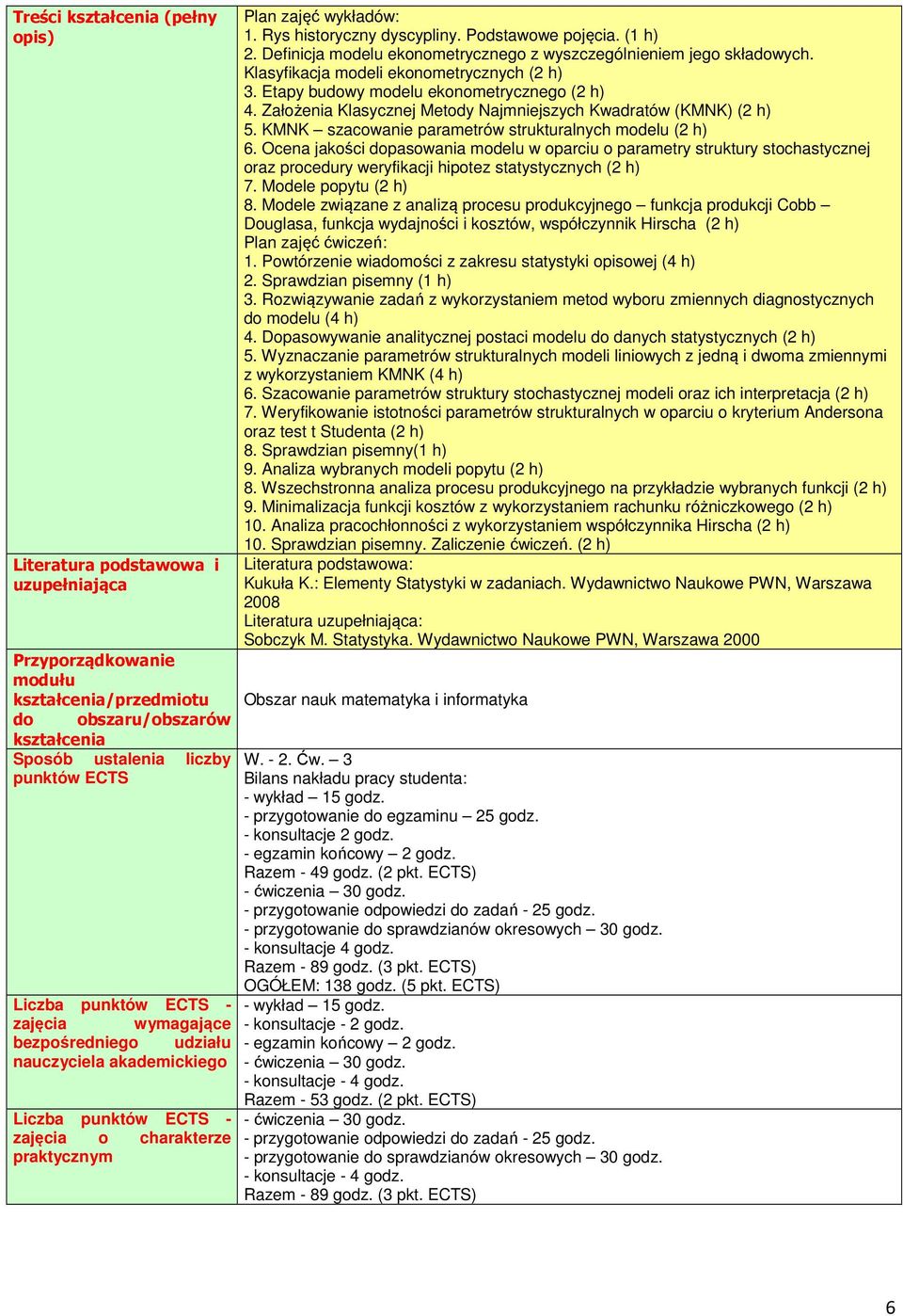 Definicja modelu ekonometrycznego z wyszczególnieniem jego składowych. Klasyfikacja modeli ekonometrycznych (2 h) 3. Etapy budowy modelu ekonometrycznego (2 h) 4.