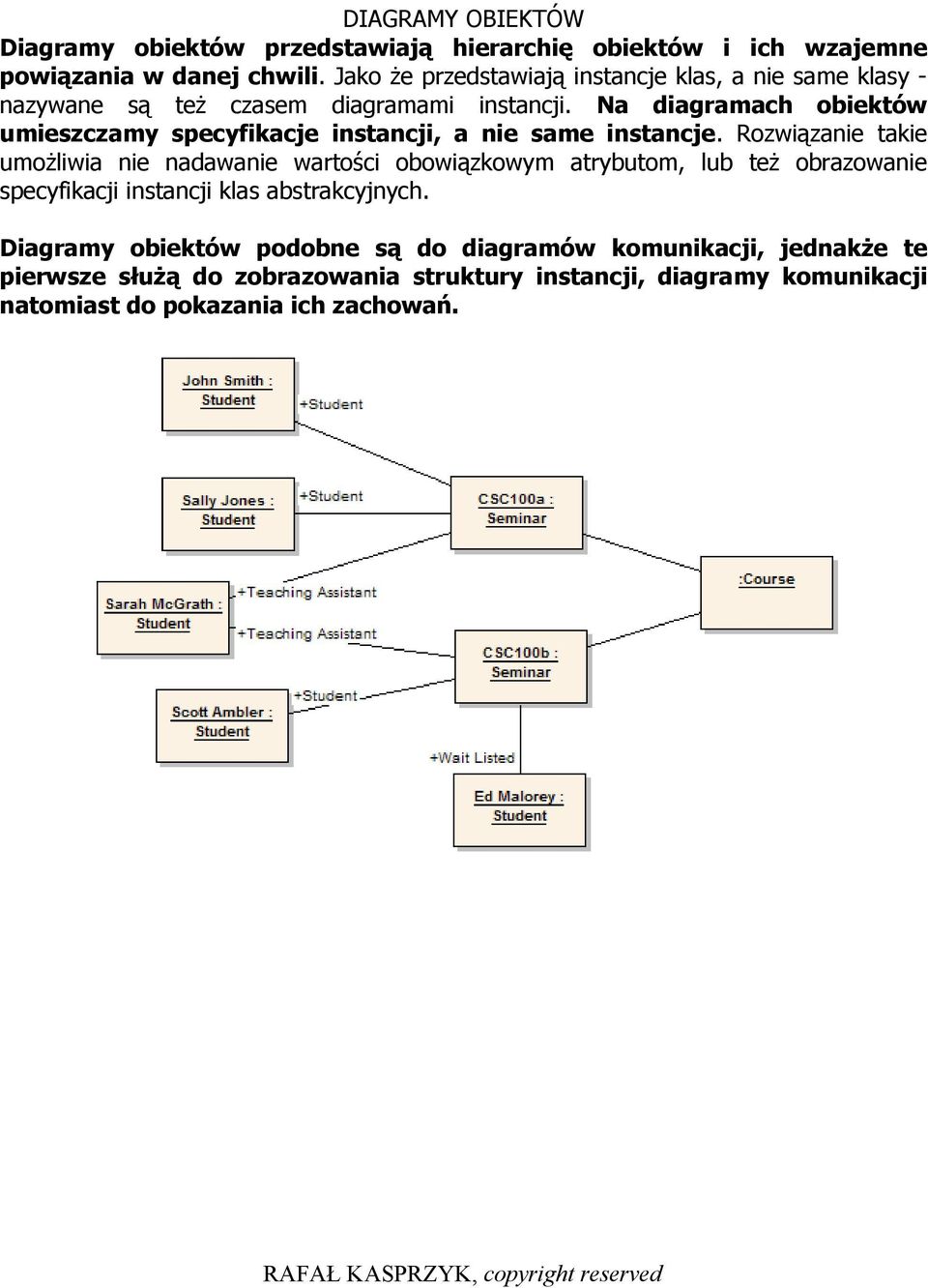 Na diagramach obiektów umieszczamy specyfikacje instancji, a nie same instancje.