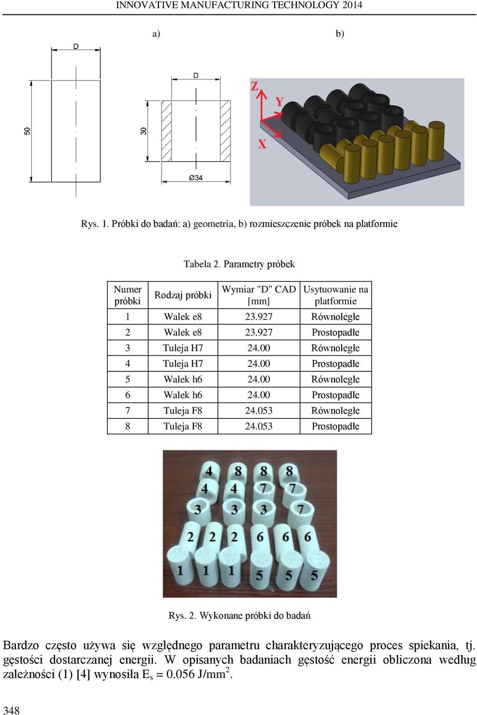 00 Prostopadłe 5 Walek h6 24.00 Równoległe 6 Walek h6 24.00 Prostopadłe 7 Tuleja F8 24.053 Równoległe 8 Tuleja F8 24.053 Prostopadłe Rys. 2. Wykonane próbki do badań Bardzo często używa się względnego parametru charakteryzującego proces spiekania, tj.