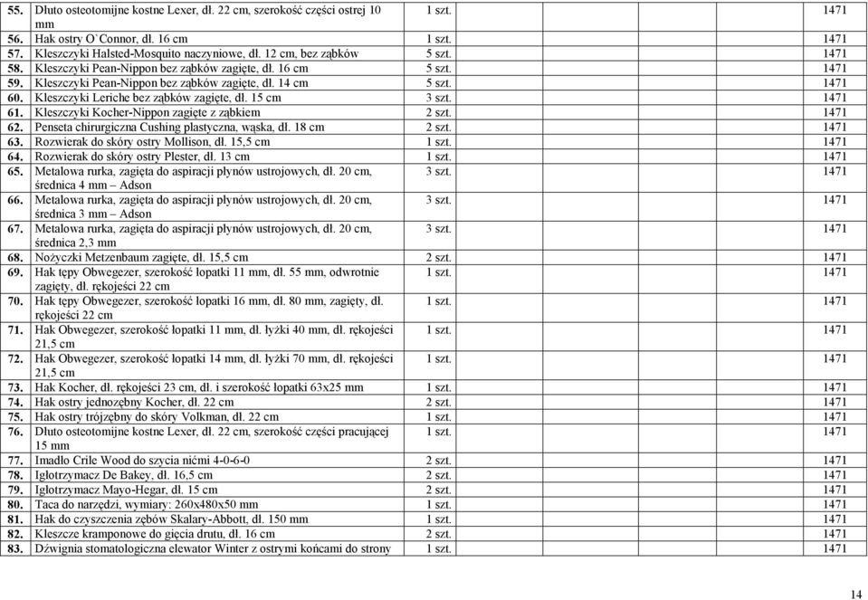 Kleszczyki Leriche bez ząbków zagięte, dł. 15 cm 3 szt. 1471 61. Kleszczyki Kocher-Nippon zagięte z ząbkiem 2 szt. 1471 62. Penseta chirurgiczna Cushing plastyczna, wąska, dł. 18 cm 2 szt. 1471 63.