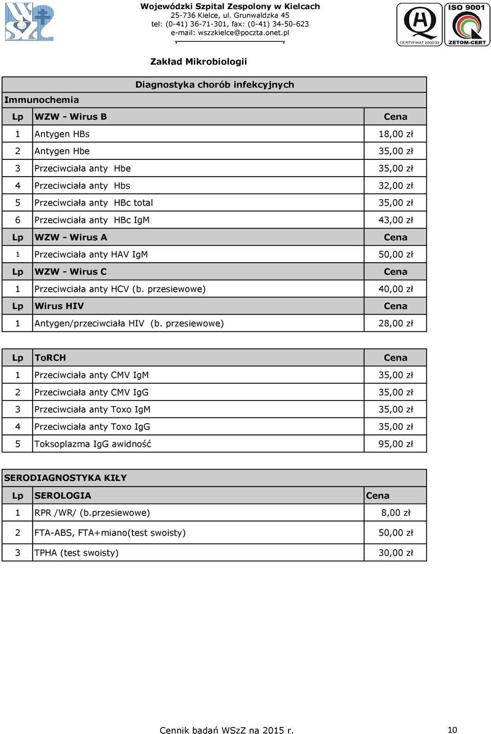 anty HCV (b. przesiewowe) 40,00 zł Lp Wirus HIV 1 Antygen/przeciwciała HIV (b.