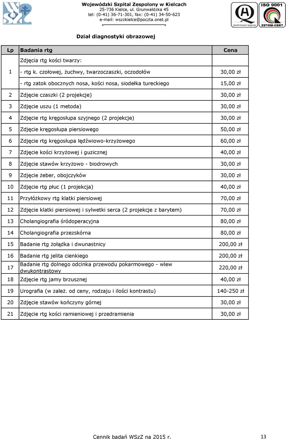 Zdjęcie rtg kręgosłupa szyjnego (2 projekcje) 30,00 zł 5 Zdjęcie kręgosłupa piersiowego 50,00 zł 6 Zdjęcie rtg kręgosłupa lędźwiowo-krzyżowego 60,00 zł 7 Zdjęcie kości krzyżowej i guzicznej 40,00 zł