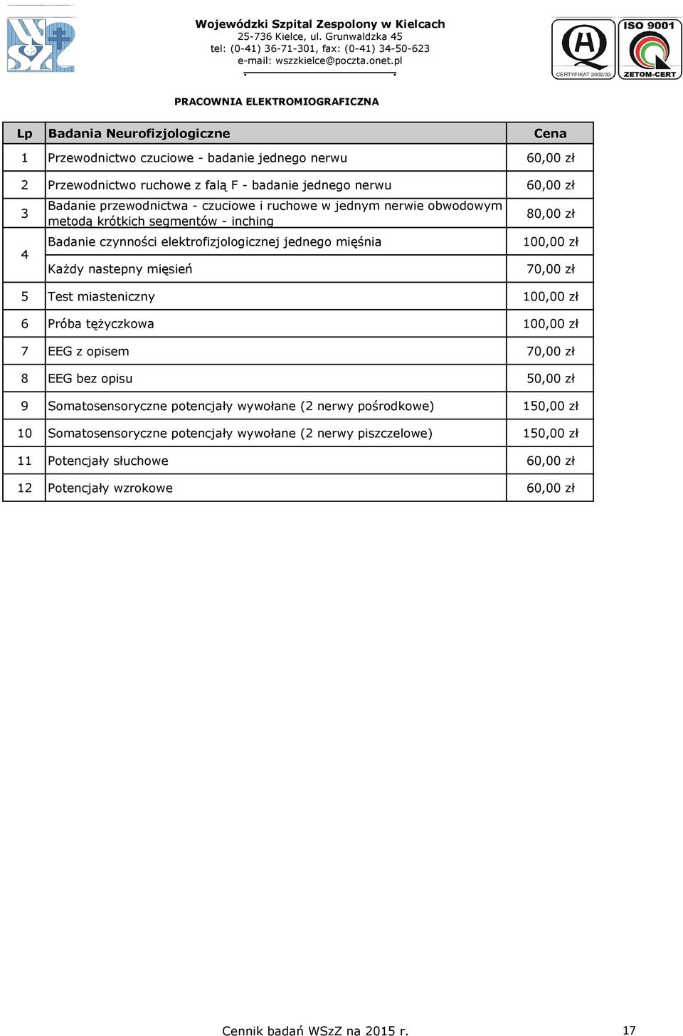 inching Badanie czynności elektrofizjologicznej jednego mięśnia Każdy nastepny mięsień 80,00 zł 100,00 zł 70,00 zł 5 Test miasteniczny 100,00 zł 6 Próba tężyczkowa 100,00 zł 7 EEG z opisem 70,00 zł 8