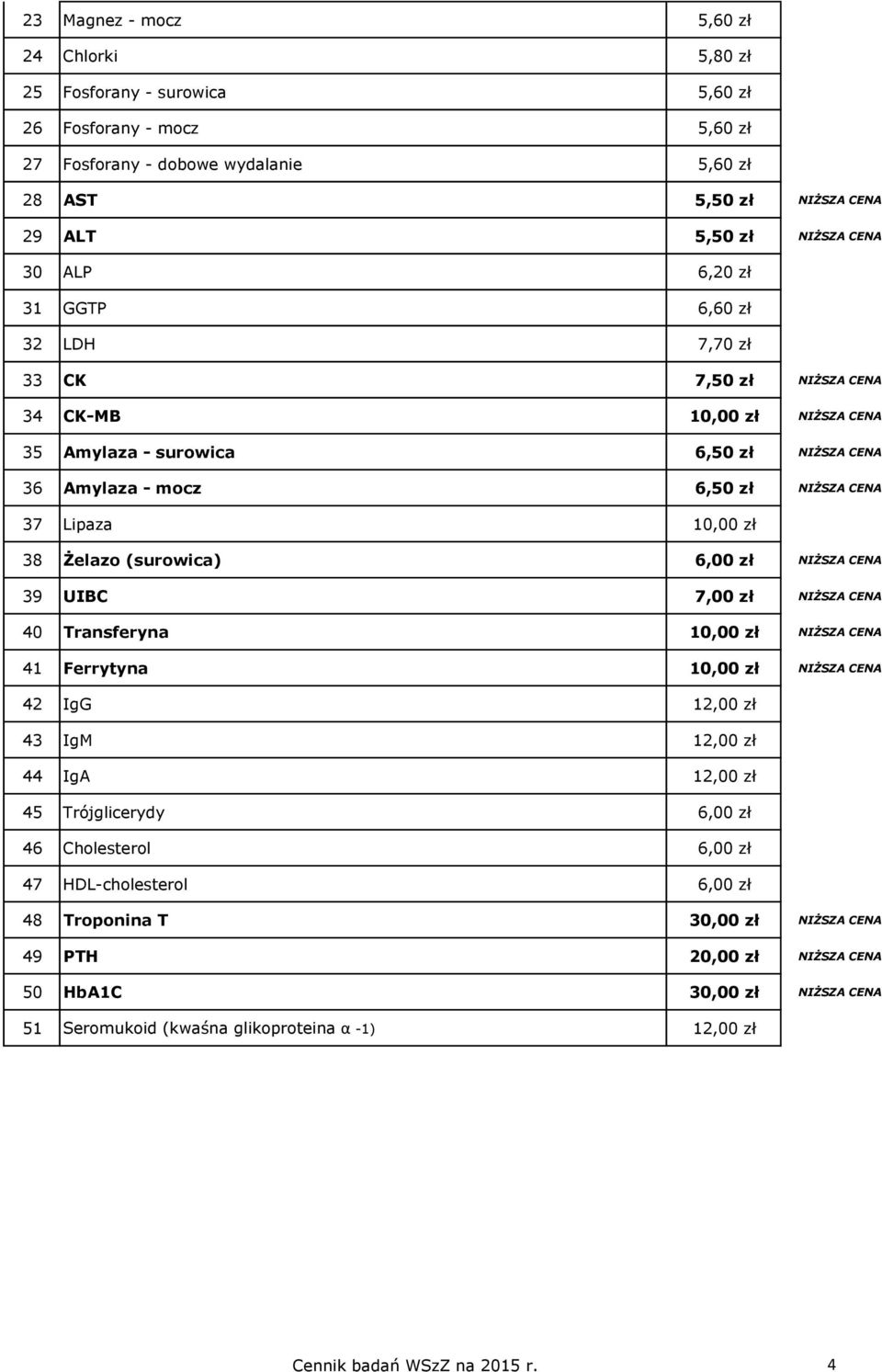 zł 38 Żelazo (surowica) 6,00 zł NIŻSZA CENA 39 UIBC 7,00 zł NIŻSZA CENA 40 Transferyna 10,00 zł NIŻSZA CENA 41 Ferrytyna 10,00 zł NIŻSZA CENA 42 IgG 12,00 zł 43 IgM 12,00 zł 44 IgA 12,00 zł 45