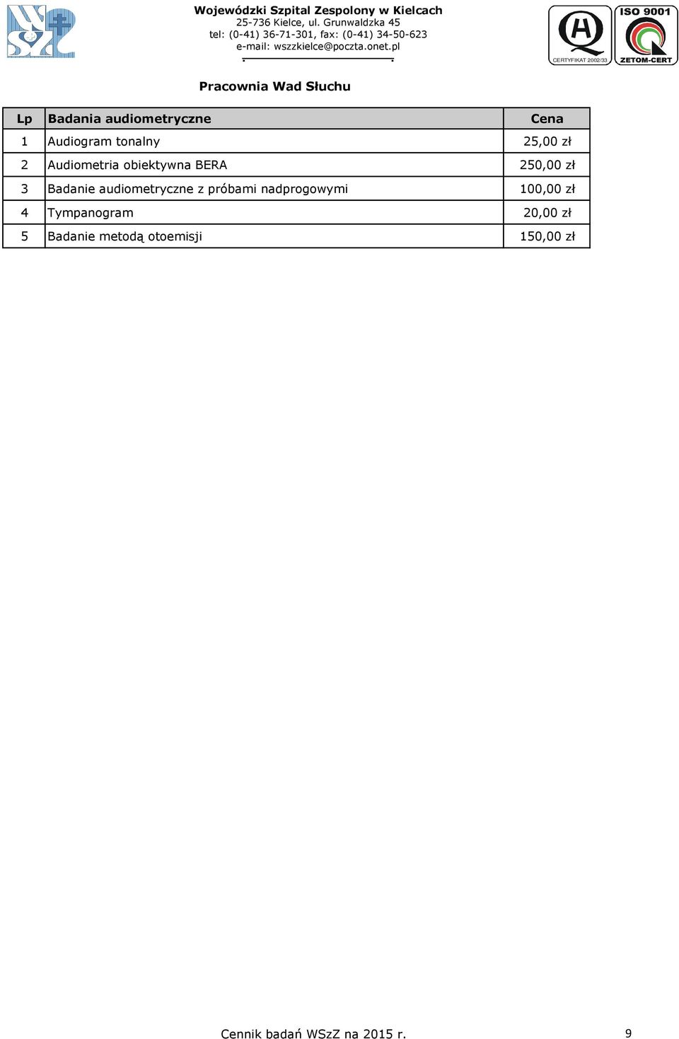 250,00 zł 3 Badanie audiometryczne z próbami nadprogowymi 100,00 zł 4