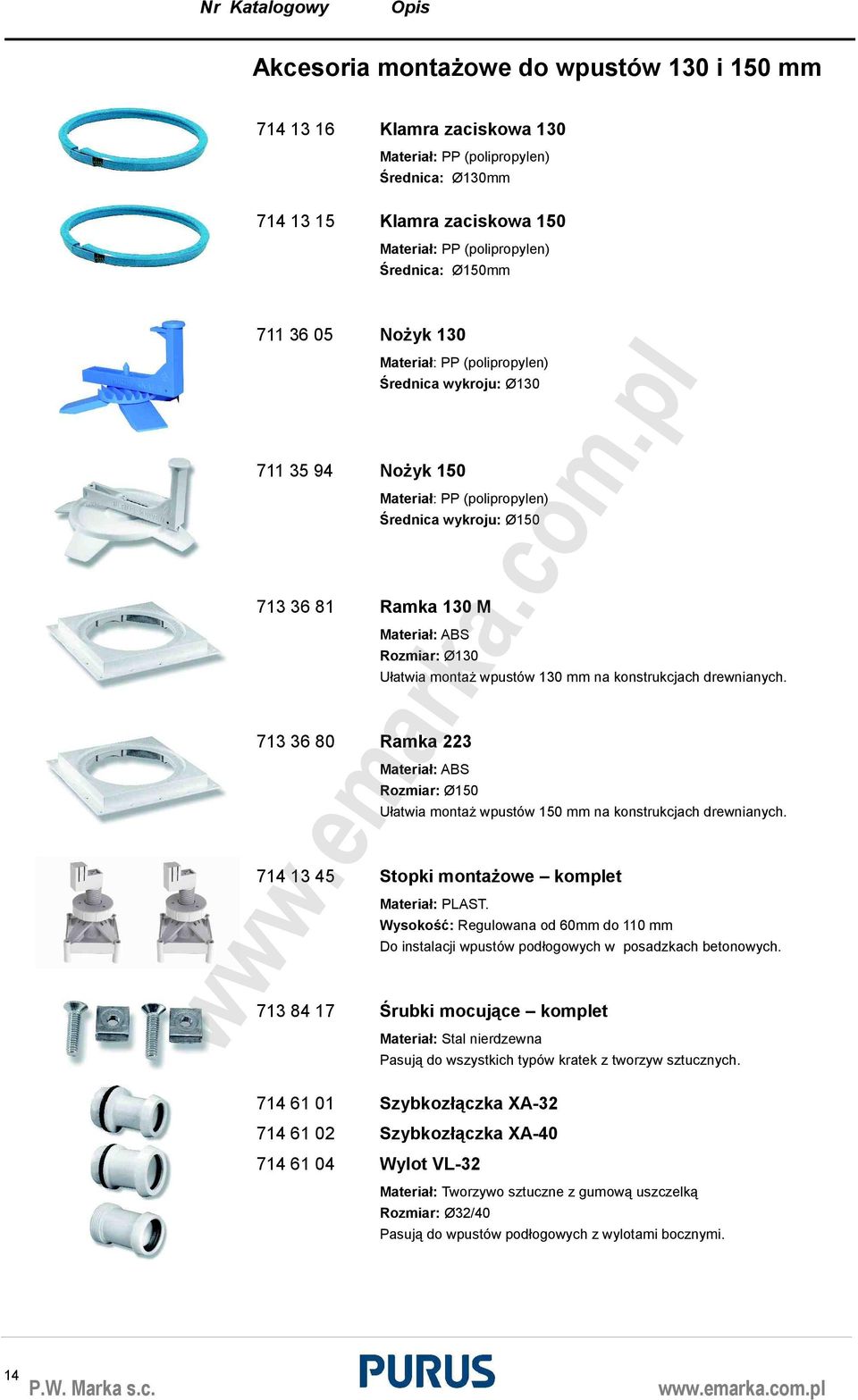 713 36 80 Ramka 223 Materiał: ABS Rozmiar: Ø150 Ułatwia montaż wpustów 150 mm na konstrukcjach drewnianych. 714 13 45 Stopki montażowe komplet Materiał: PLAST.