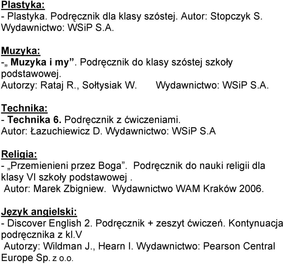 A - Przemienieni przez Boga. Podręcznik do nauki religii dla klasy VI szkoły podstawowej. Autor: Marek Zbigniew. Wydawnictwo WAM Kraków 2006.