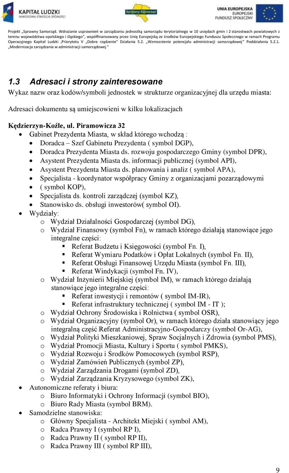 rozwoju gospodarczego Gminy (symbol DPR), Asystent Prezydenta Miasta ds. informacji publicznej (symbol API), Asystent Prezydenta Miasta ds.