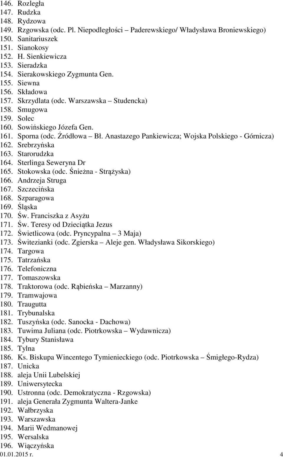 Anastazego Pankiewicza; Wojska Polskiego - Górnicza) 162. Srebrzyńska 163. Starorudzka 164. Sterlinga Seweryna Dr 165. Stokowska (odc. Śnieżna - Strążyska) 166. Andrzeja Struga 167. Szczecińska 168.