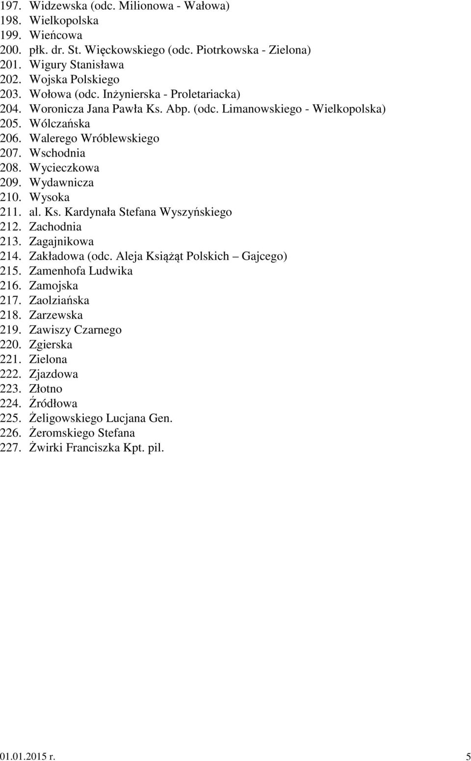 Wysoka 211. al. Ks. Kardynała Stefana Wyszyńskiego 212. Zachodnia 213. Zagajnikowa 214. Zakładowa (odc. Aleja Książąt Polskich Gajcego) 215. Zamenhofa Ludwika 216. Zamojska 217. Zaolziańska 218.