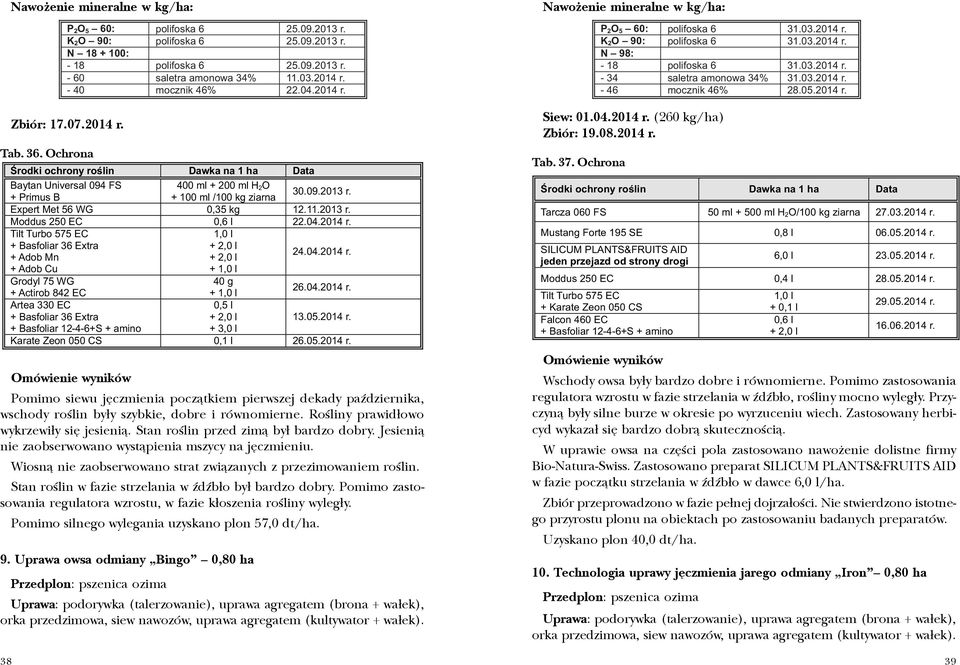 04.2014 r. + Adob Cu Grodyl 75 WG 40 g 26.04.2014 r. + Actirob 842 EC Artea 330 EC + Basfoliar 12-4-6+S + amino Pomimo siewu jêczmienia pocz¹tkiem pierwszej dekady paÿdziernika, wschody roœlin by³y szybkie, dobre i równomierne.