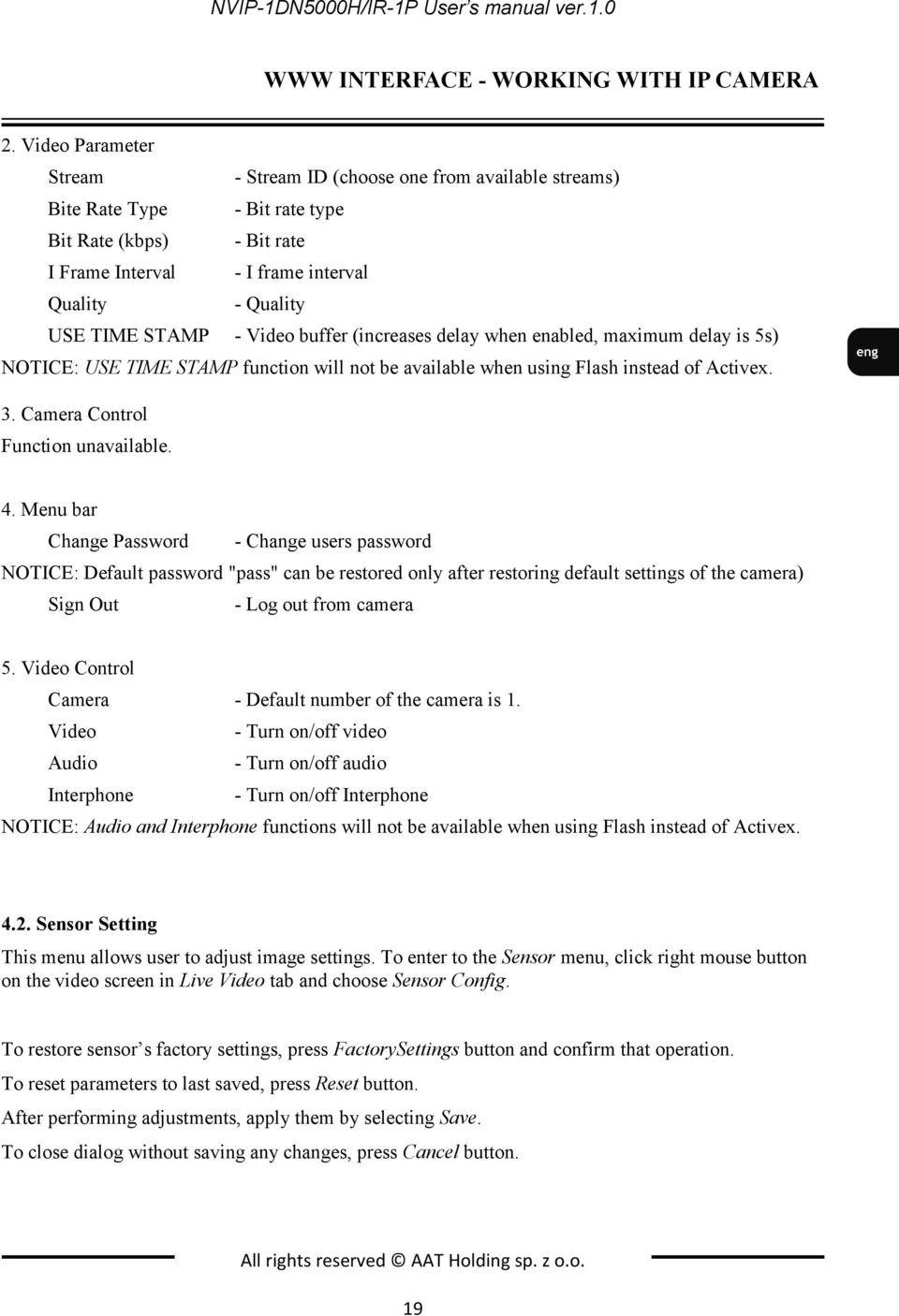 Video buffer (increases delay when enabled, maximum delay is 5s) NOTICE: USE TIME STAMP function will not be available when using Flash instead of Activex. 3. Camera Control Function unavailable. 4.