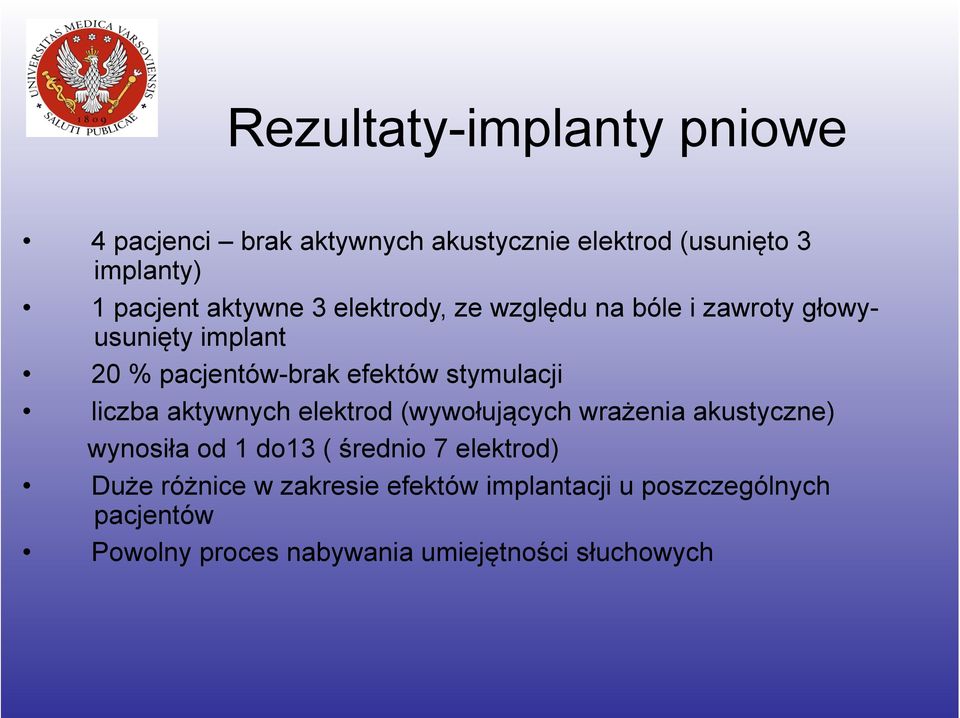 stymulacji liczba aktywnych elektrod (wywołujących wrażenia akustyczne) wynosiła od 1 do13 ( średnio 7