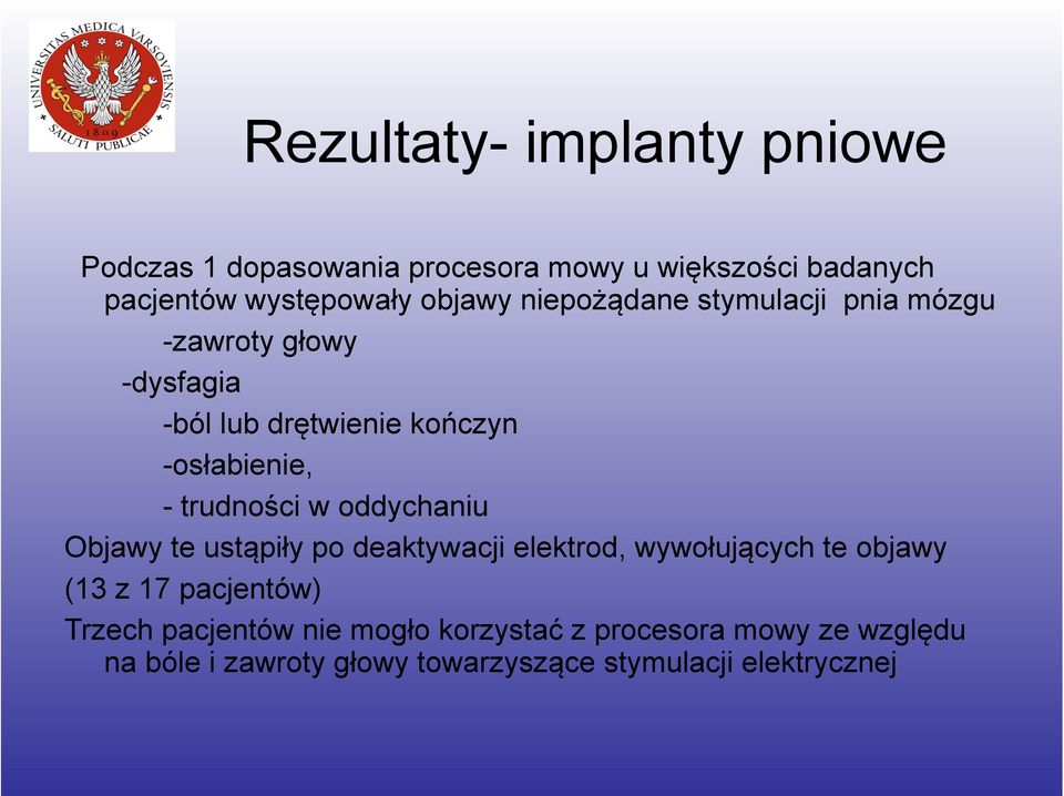 trudności w oddychaniu Objawy te ustąpiły po deaktywacji elektrod, wywołujących te objawy (13 z 17 pacjentów)