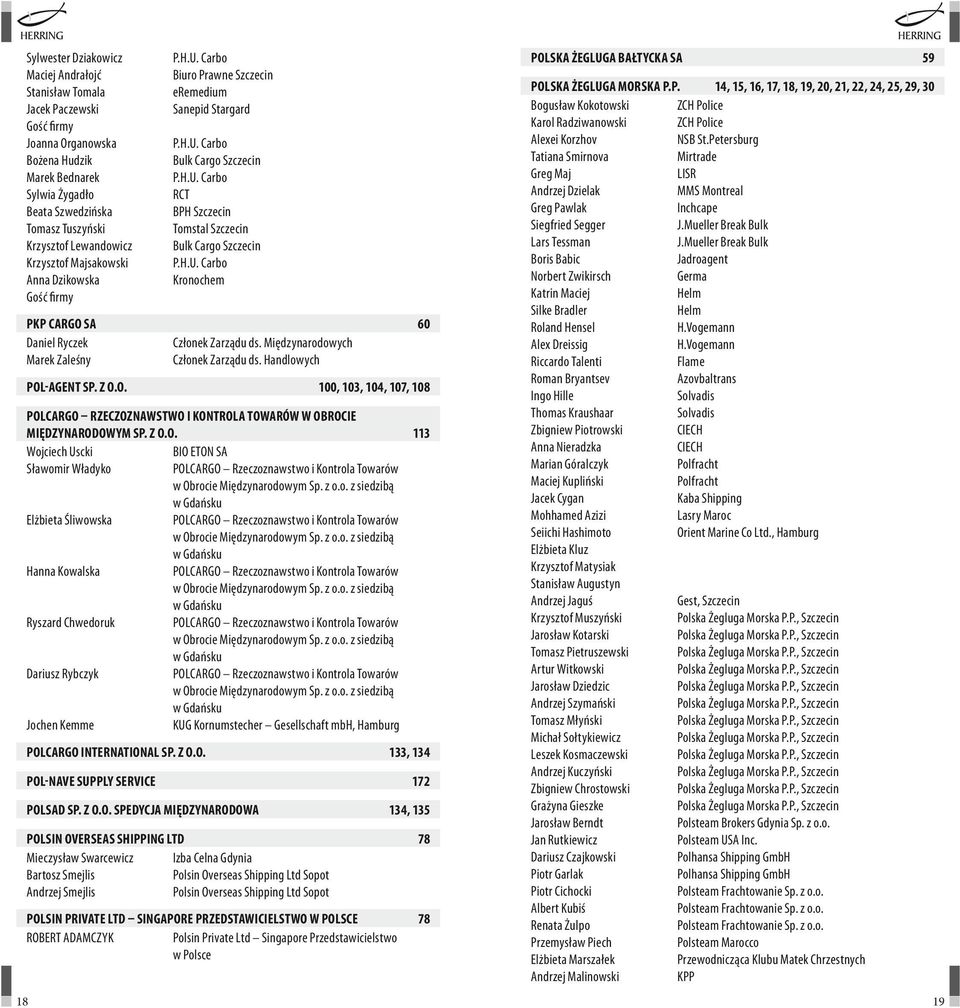 Międzynarodowych Marek Zaleśny Członek Zarządu ds. Handlowych POL-AGENT Sp. z o.o. 100, 103, 104, 107, 108 POLCARGO RZECZOZNAWSTWO I KONTROLA TOWARÓW W OBROCIE MIĘDZYNARODOWYM Sp. z o.o. 113 Wojciech Uscki BIO ETON SA Sławomir Władyko POLCARGO Rzeczoznawstwo i Kontrola Towarów w Obrocie Międzynarodowym Sp.