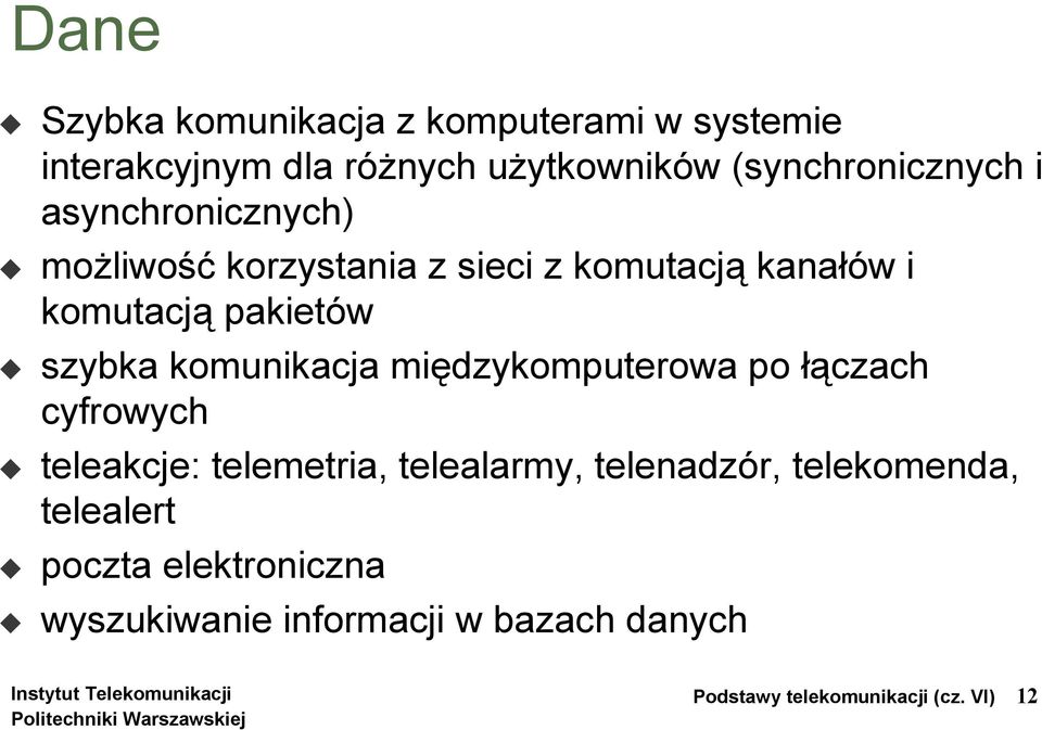 komunikacja międzykomputerowa po łączach cyfrowych teleakcje: telemetria, telealarmy, telenadzór,