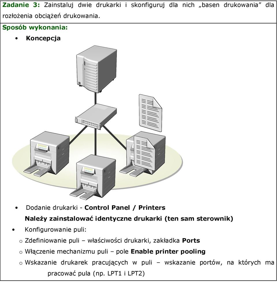 Konfigurowanie puli: o Zdefiniowanie puli właściwości drukarki, zakładka Ports o Włączenie mechanizmu puli pole