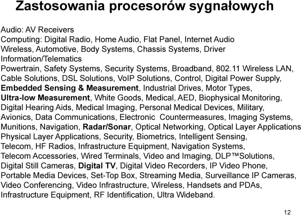 11 Wireless LAN, Cable Solutions, DSL Solutions, VoIP Solutions, Control, Digital Power Supply, Embedded Sensing & Measurement, Industrial Drives, Motor Types, Ultra-low Measurement, White Goods,