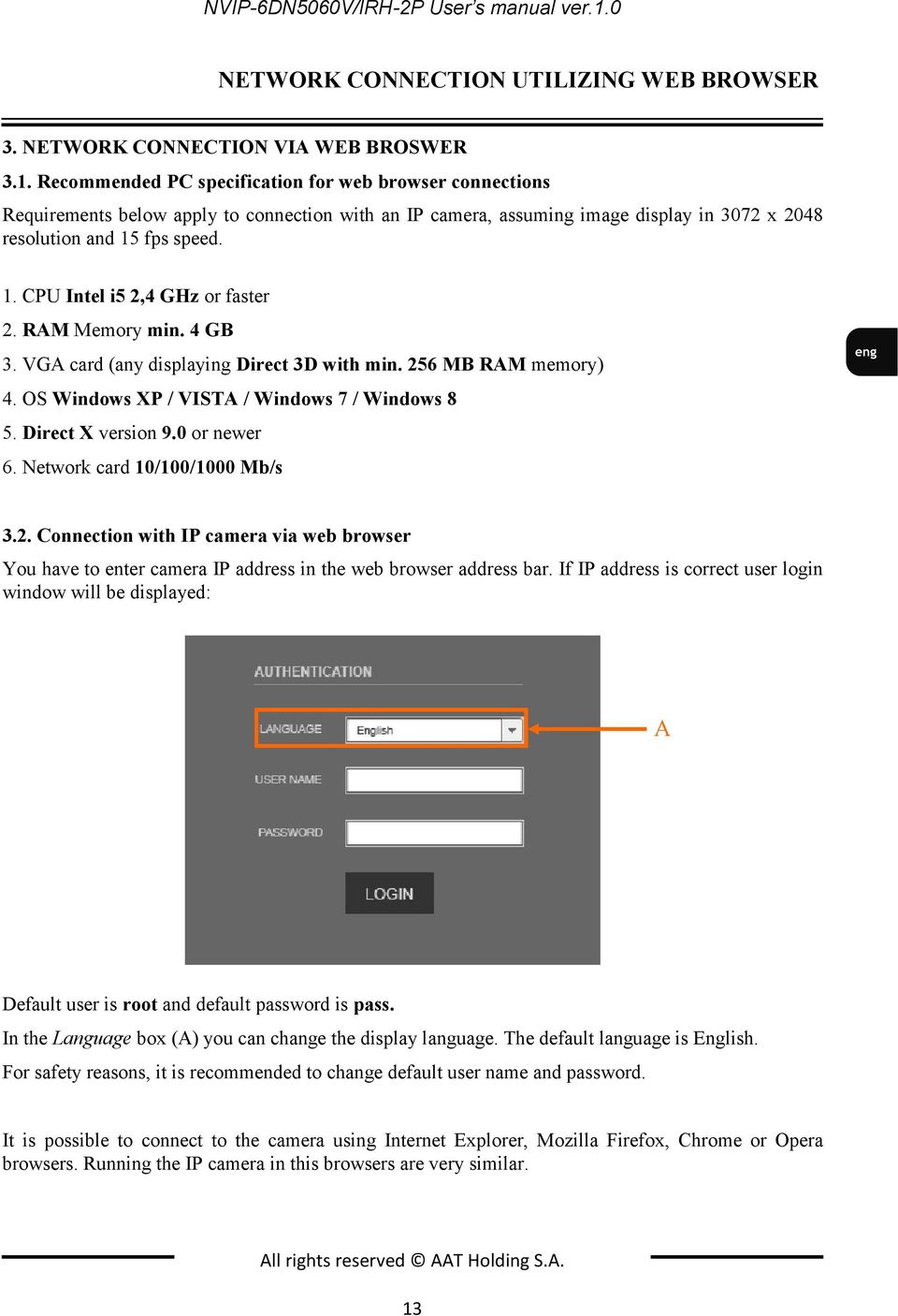 Recommended PC specification for web browser connections Requirements below apply to connection with an IP camera, assuming image display in 3072 x 2048 resolution and 15