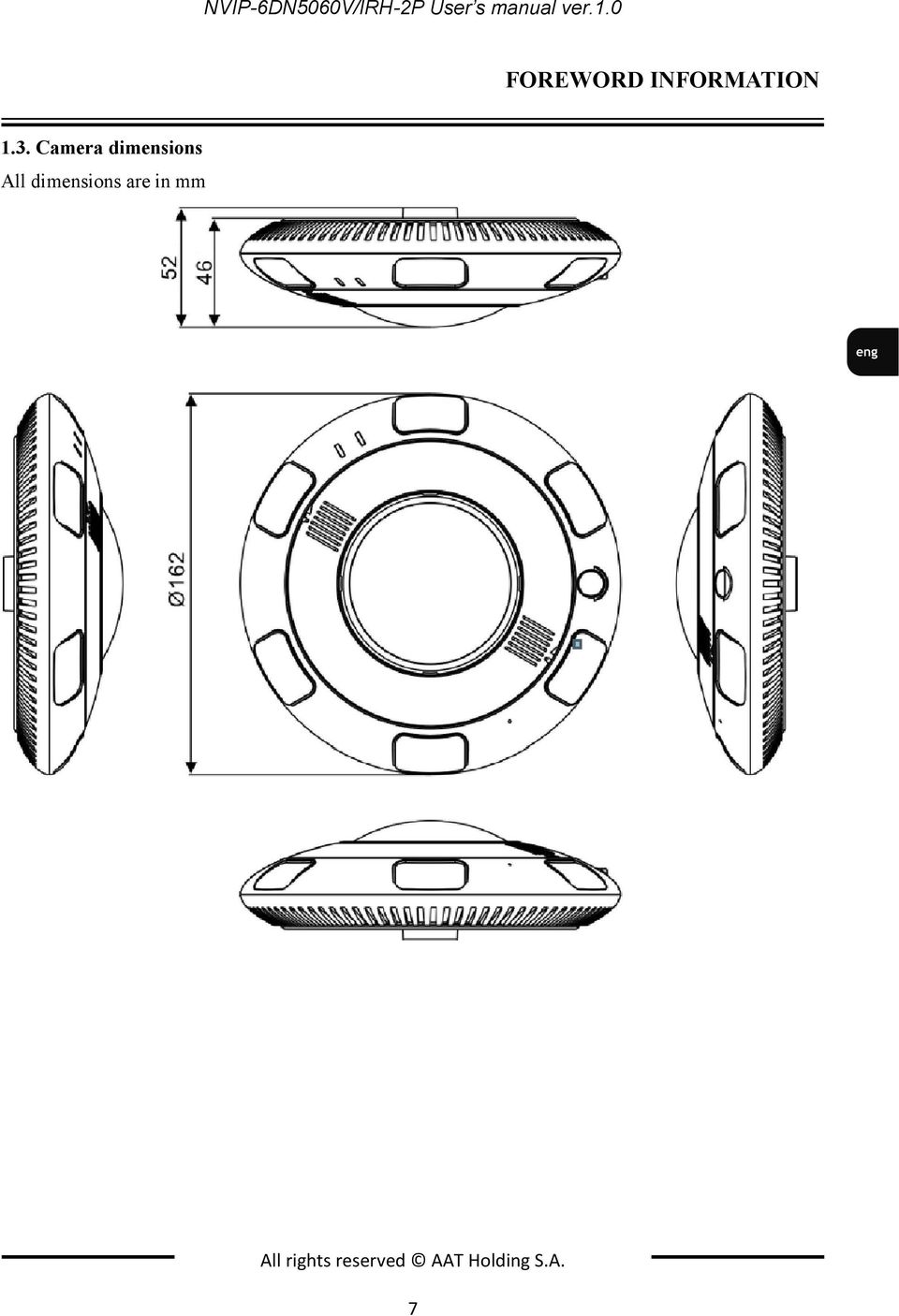 Camera dimensions All dimensions are