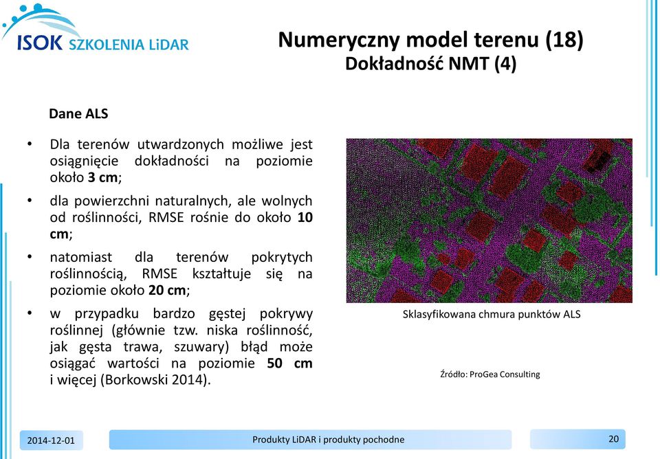 RMSE kształtuje się na poziomie około 20 cm; w przypadku bardzo gęstej pokrywy roślinnej (głównie tzw.