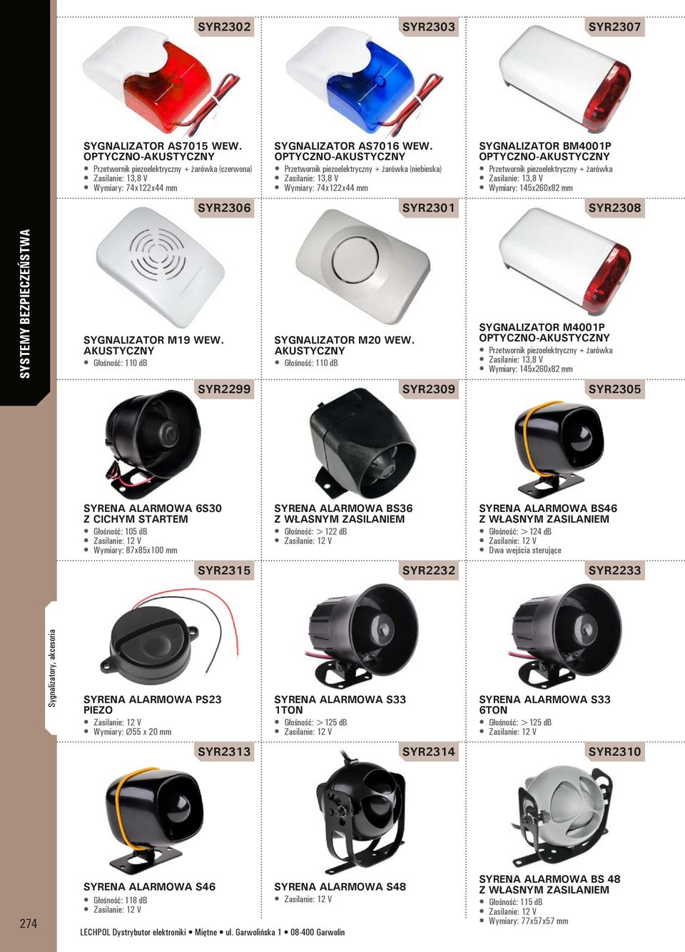 Zasilanie: 13,8 V Wymiary: 145x260x82 mm SYR2306 SYR2301 SYR2308 Sygnalizator M19 wew. akustyczny Głośność: 110 db Sygnalizator M20 wew.