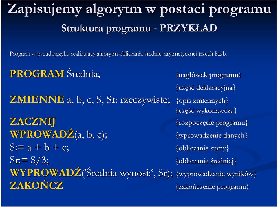 PROGRAM Średnia; ZMIENNE a, b, c, S, Sr: rzeczywiste; {nagłówek programu} {część deklaracyjna} a, b, c, S, Sr: rzeczywiste; {opis zmiennych}