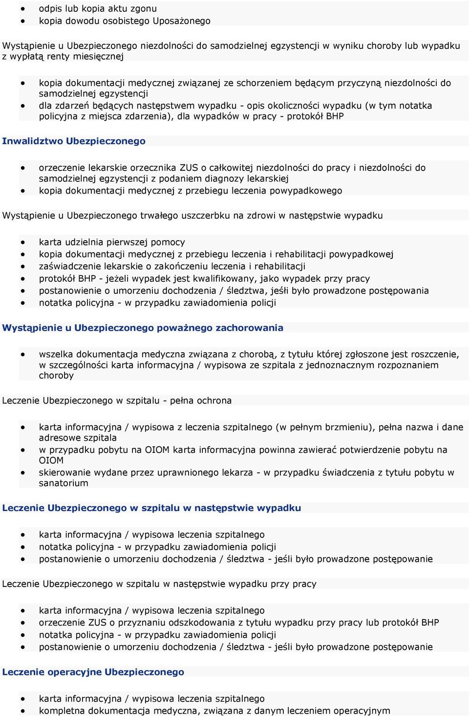 Inwalidztwo Ubezpieczonego orzeczenie lekarskie orzecznika ZUS o całkowitej niezdolności do pracy i niezdolności do samodzielnej egzystencji z podaniem diagnozy lekarskiej kopia dokumentacji