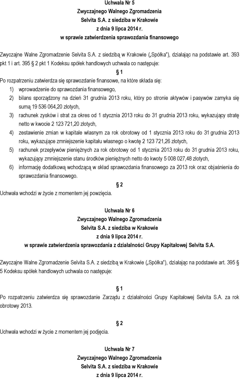 sporządzony na dzień 31 grudnia 2013 roku, który po stronie aktywów i pasywów zamyka się sumą 19 536 064,20 złotych, 3) rachunek zysków i strat za okres od 1 stycznia 2013 roku do 31 grudnia 2013