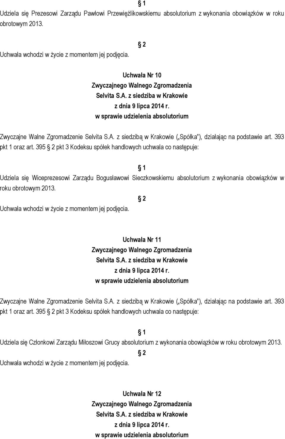 395 pkt 3 Kodeksu spółek handlowych uchwala co następuje: Udziela się Wiceprezesowi Zarządu Bogusławowi Sieczkowskiemu absolutorium