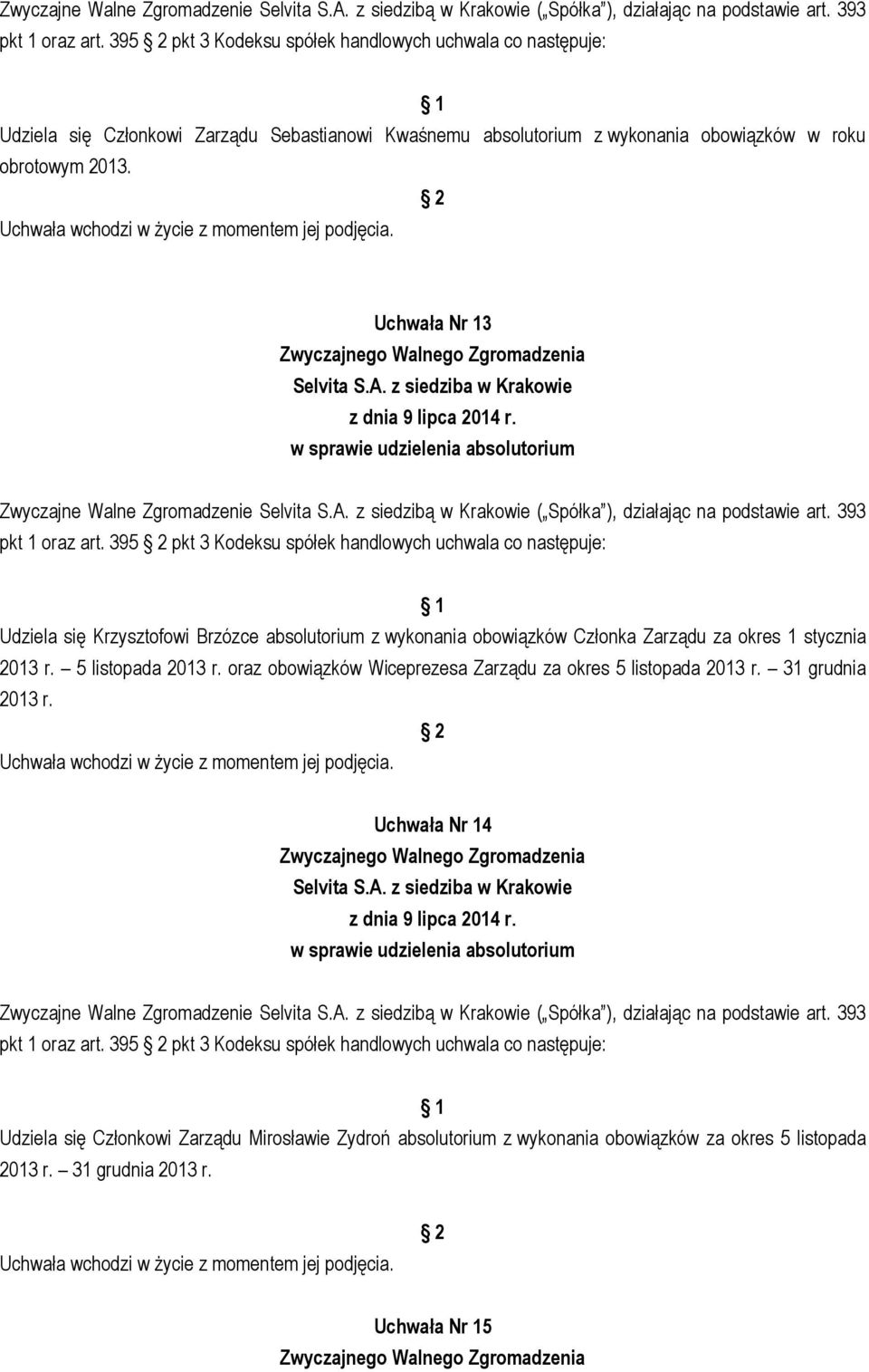 Uchwała Nr 13  395 pkt 3 Kodeksu spółek handlowych uchwala co następuje: Udziela się Krzysztofowi Brzózce absolutorium z wykonania obowiązków Członka Zarządu za okres 1 stycznia