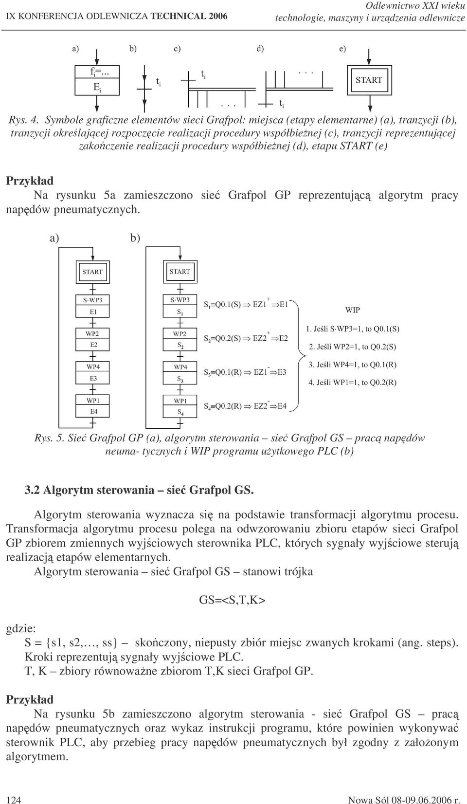 realizacji procedury współbienej (d), etapu START (e) Przykład Na rysunku 5a zamieszczono sie Grafpol GP reprezentujc algorytm pracy napdów pneumatycznych. a) b) Rys. 5. Sie Grafpol GP (a), algorytm sterowania sie Grafpol GS prac napdów neuma- tycznych i WIP programu uytkowego PLC (b) 3.