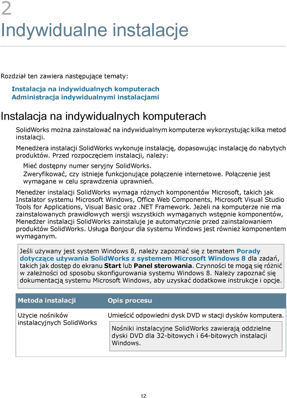 Przed rozpoczęciem instalacji, należy: Mieć dostępny numer seryjny SolidWorks. Zweryfikować, czy istnieje funkcjonujące połączenie internetowe. Połączenie jest wymagane w celu sprawdzenia uprawnień.