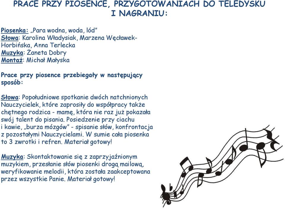 która nie raz już pokazała swój talent do pisania. Posiedzenie przy ciachu i kawie, burza mózgów - spisanie słów, konfrontacja z pozostałymi Nauczycielami.