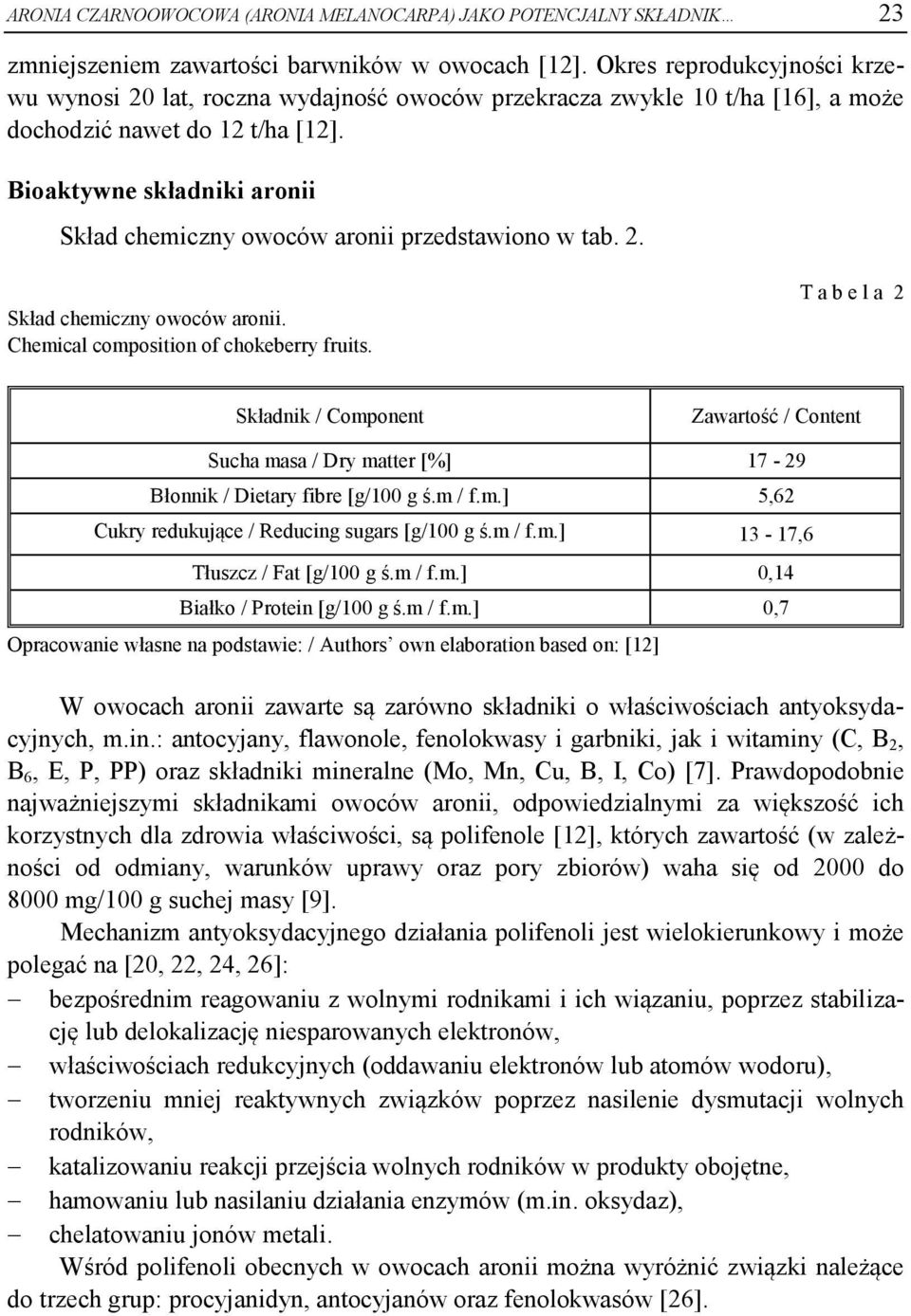 Bioaktywne składniki aronii Skład chemiczny owoców aronii przedstawiono w tab. 2. Skład chemiczny owoców aronii. Chemical composition of chokeberry fruits.