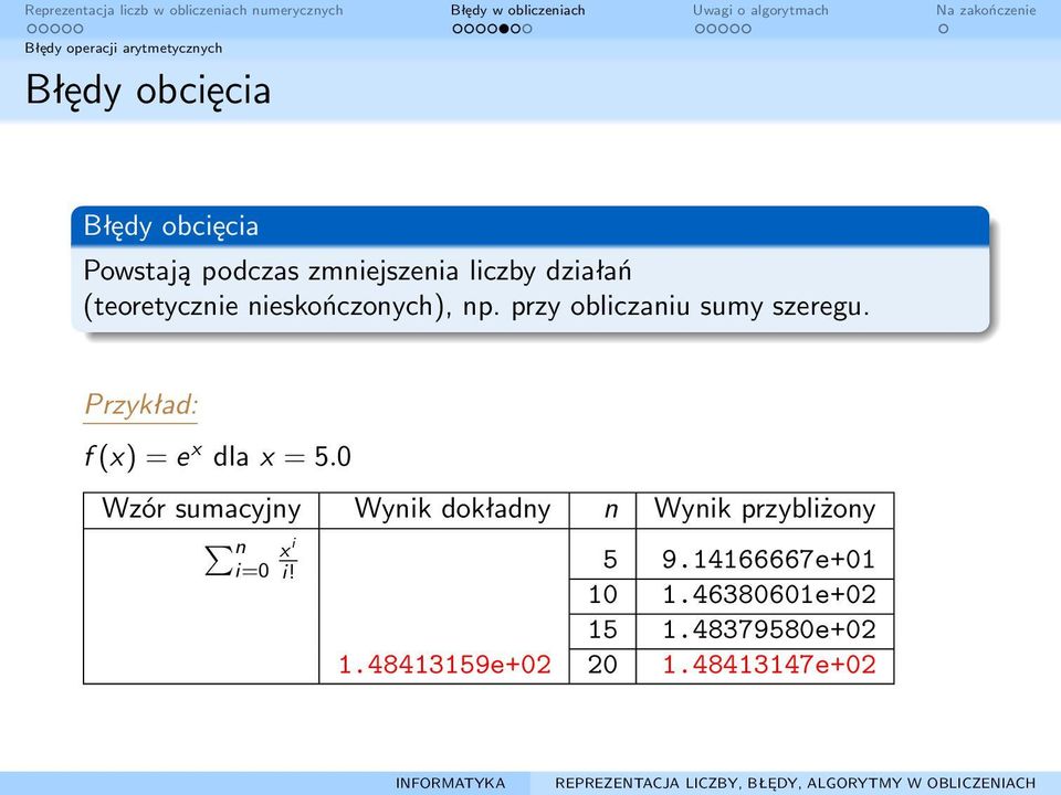 przy obliczaniu sumy szeregu. Przykład: f (x) = e x dla x = 5.