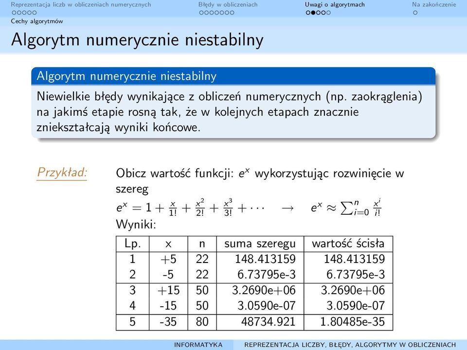 Przykład: Obicz wartość funkcji: e x wykorzystując rozwinięcie w szereg e x = 1 + x 1! + x 2 2! + x 3 3! + ex n i=0 x i i! Wyniki: Lp.