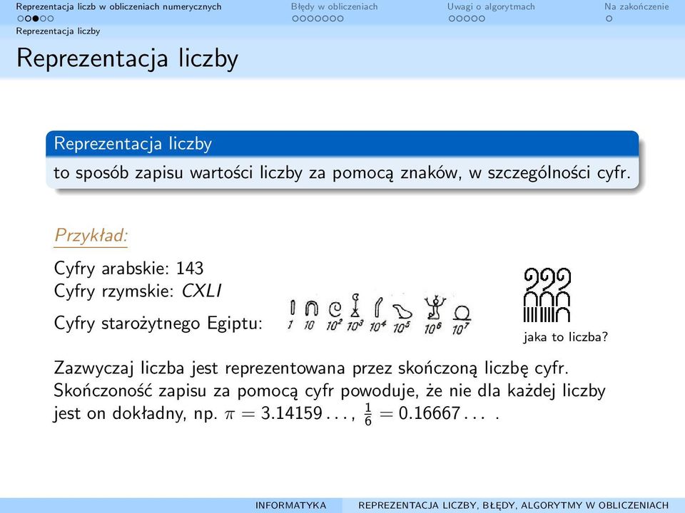 Przykład: Cyfry arabskie: 143 Cyfry rzymskie: CXLI Cyfry starożytnego Egiptu: jaka to liczba?