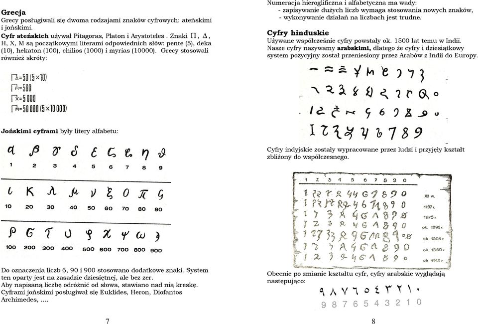Grecy stosowali również skróty: Numeracja hieroglificzna i alfabetyczna ma wady: - zapisywanie dużych liczb wymaga stosowania nowych znaków, - wykonywanie działań na liczbach jest trudne.
