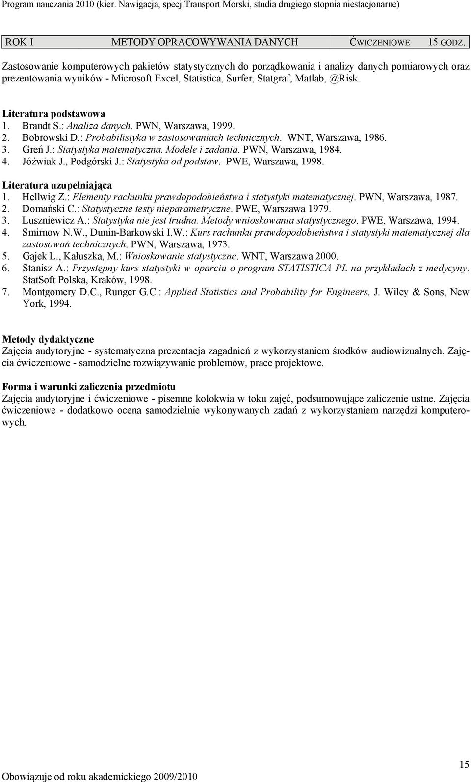 Literatura podstawowa 1. Brandt S.: Analiza danych. PWN, Warszawa, 1999. 2. Bobrowski D.: Probabilistyka w zastosowaniach technicznych. WNT, Warszawa, 1986. 3. Greń J.: Statystyka matematyczna.