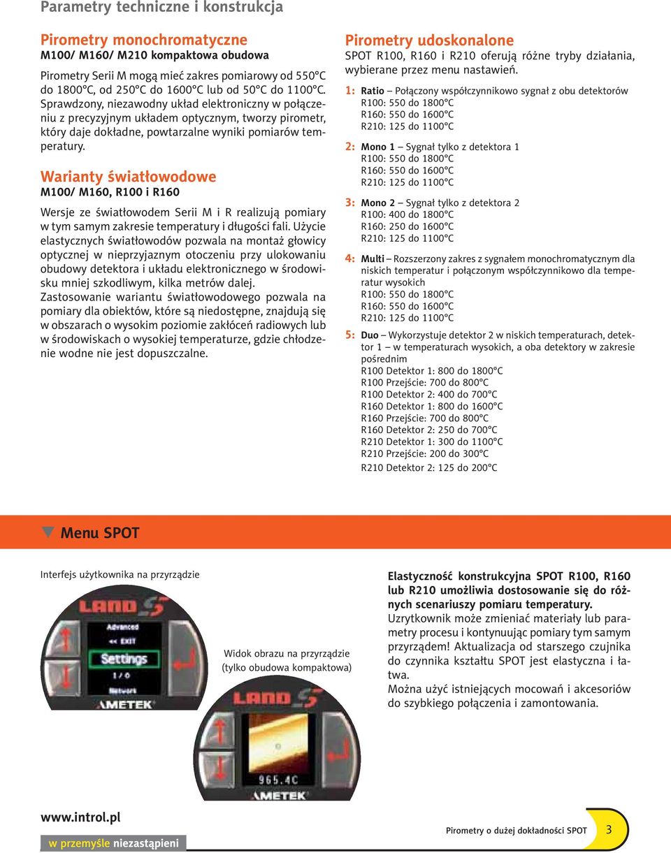 Warianty światłowodowe M100/ M160, R100 i R160 Wersje ze światłowodem Serii M i R realizują pomiary w tym samym zakresie temperatury i długości fali.