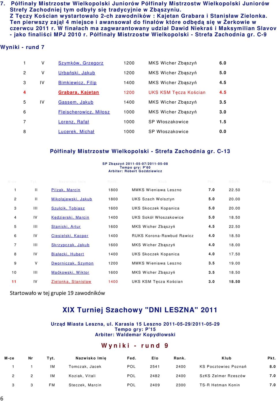 W finałach ma zagwarantowany udział Dawid Niekraś i Maksymilian Slavov - jako finaliści MPJ 2010 r. Półfinały Mistrzostw Wielkopolski - Strefa Zachodnia gr.