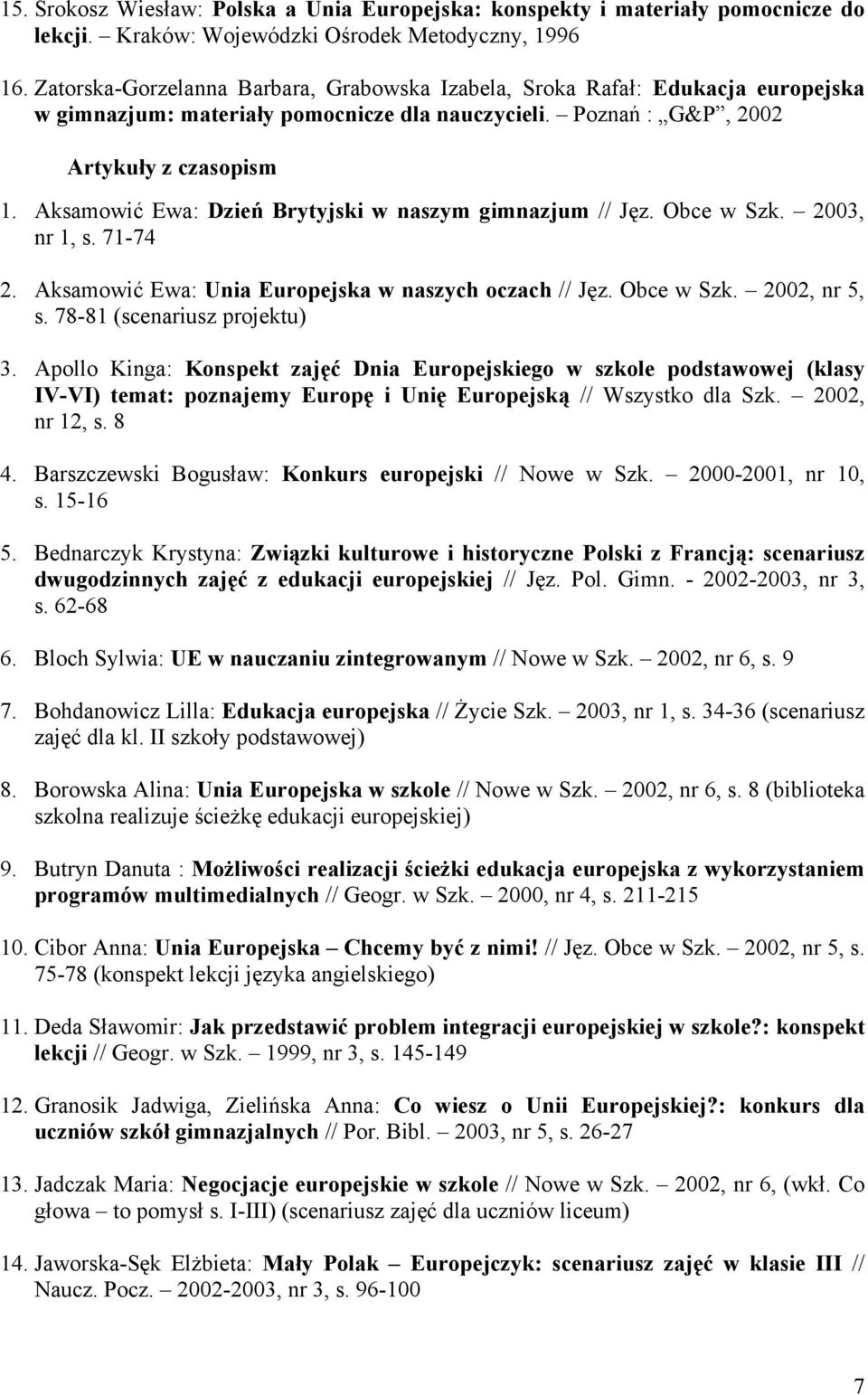 Aksamowić Ewa: Dzień Brytyjski w naszym gimnazjum // Jęz. Obce w Szk. 2003, nr 1, s. 71-74 2. Aksamowić Ewa: Unia Europejska w naszych oczach // Jęz. Obce w Szk. 2002, nr 5, s.