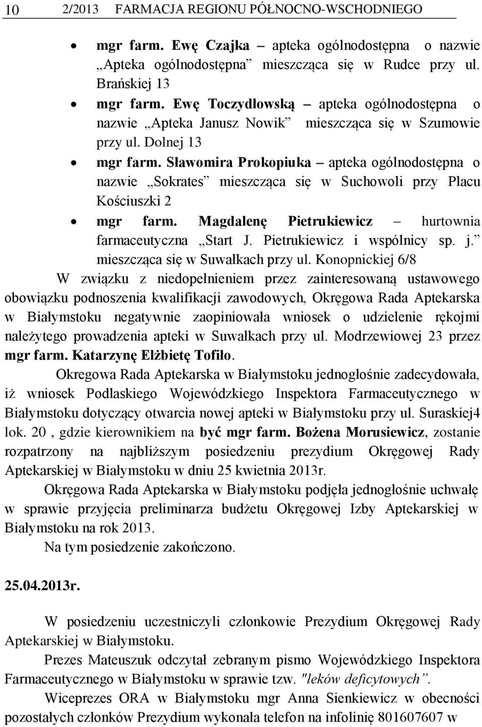 Sławomira Prokopiuka apteka ogólnodostępna o nazwie Sokrates mieszcząca się w Suchowoli przy Placu Kościuszki 2 mgr farm. Magdalenę Pietrukiewicz hurtownia farmaceutyczna Start J.