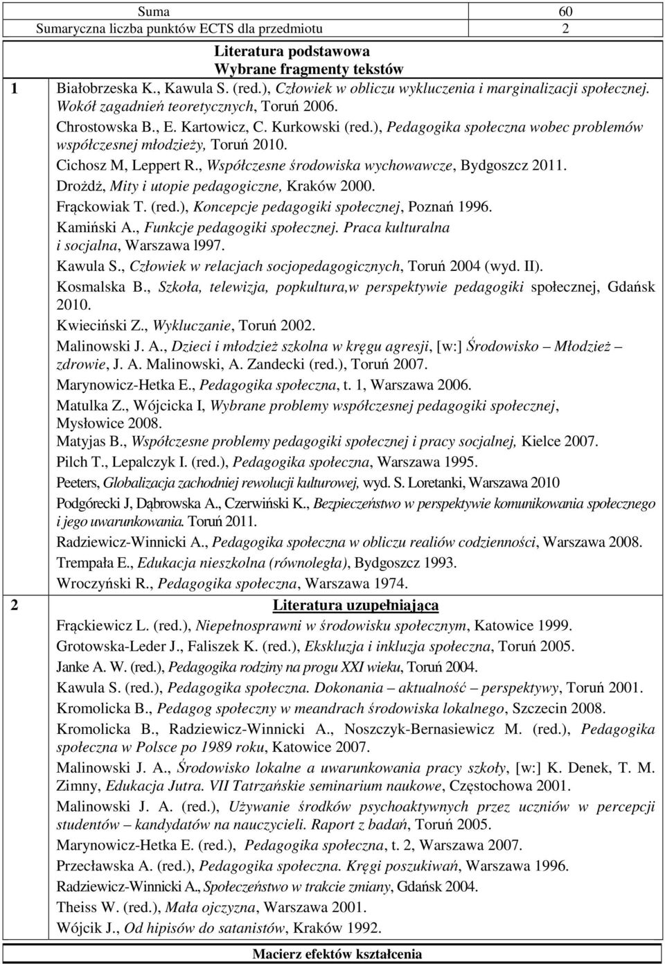 , Współczesne środowiska wychowawcze, Bydgoszcz 20. Drożdż, Mity i utopie pedagogiczne, Kraków 2000. Frąckowiak T. (red.), Koncepcje pedagogiki społecznej, Poznań 996. Kamiński A.