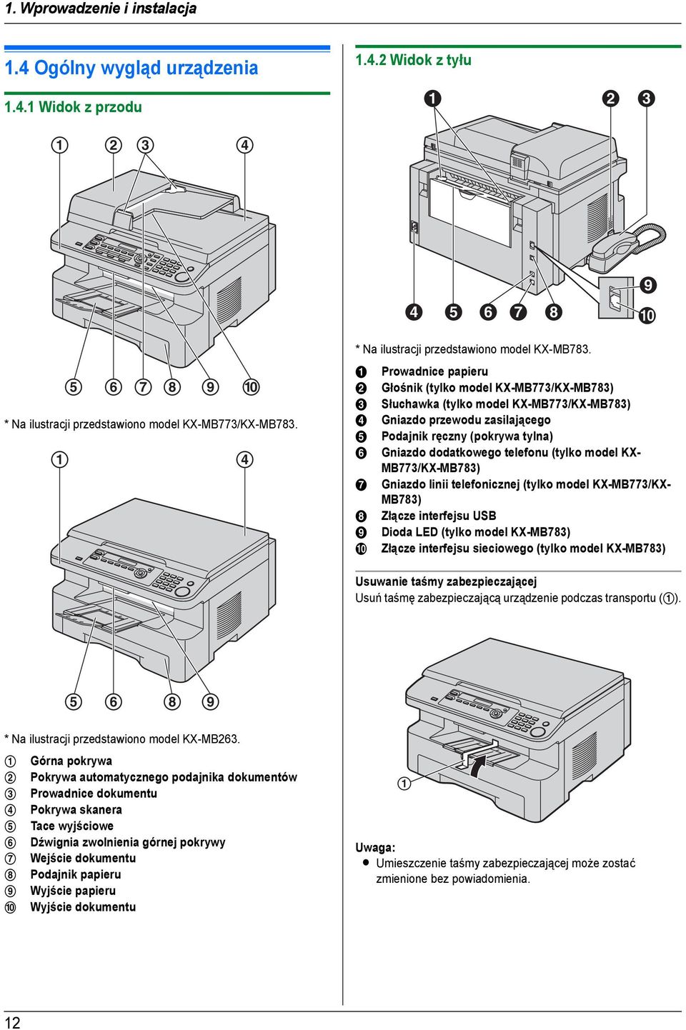 A Prowadnice papieru B Głośnik (tylko model KX-MB773/KX-MB783) C Słuchawka (tylko model KX-MB773/KX-MB783) D Gniazdo przewodu zasilającego E Podajnik ręczny (pokrywa tylna) F Gniazdo dodatkowego